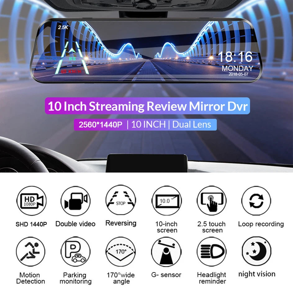 ACCEO Car Dvr 10 Inch Rear View Mirror 2.5K WIFI Dash Cam With Rear View Camera Video Recorder Registrar Dvrs Support  Bracket