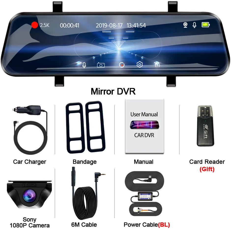 E-ACE 2.5K Mirror Camera For Car Touch Screen Video Recorder Rearview Mirror Dashcam 1440P GPS Wifi 24H Parking DVR Black Box