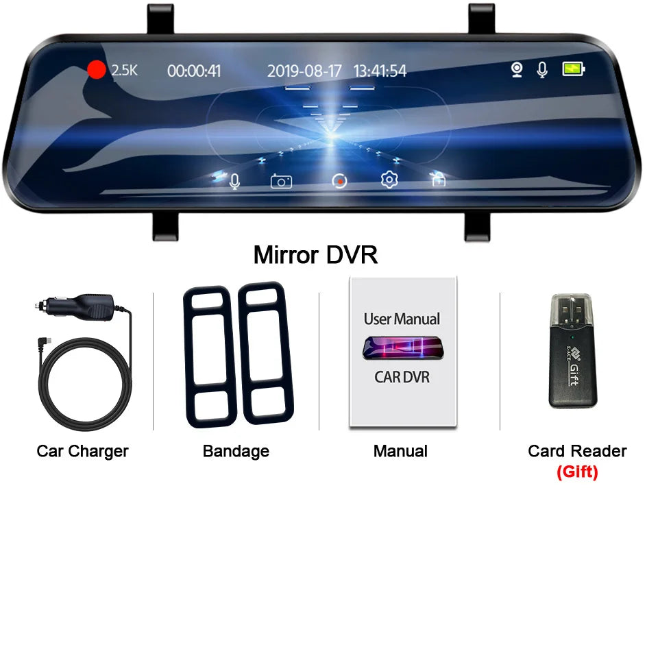 E-ACE 2.5K Mirror Camera For Car Touch Screen Video Recorder Rearview Mirror Dashcam 1440P GPS Wifi 24H Parking DVR Black Box