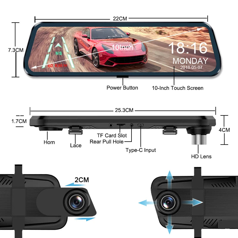 ACCEO Car Dvr 10 Inch Rear View Mirror 2.5K WIFI Dash Cam With Rear View Camera Video Recorder Registrar Dvrs Support  Bracket