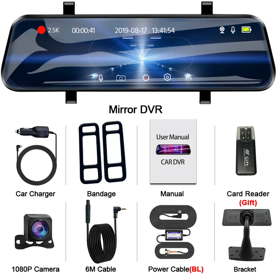 ACCEO Car Dvr 10 Inch Rear View Mirror 2.5K WIFI Dash Cam With Rear View Camera Video Recorder Registrar Dvrs Support  Bracket