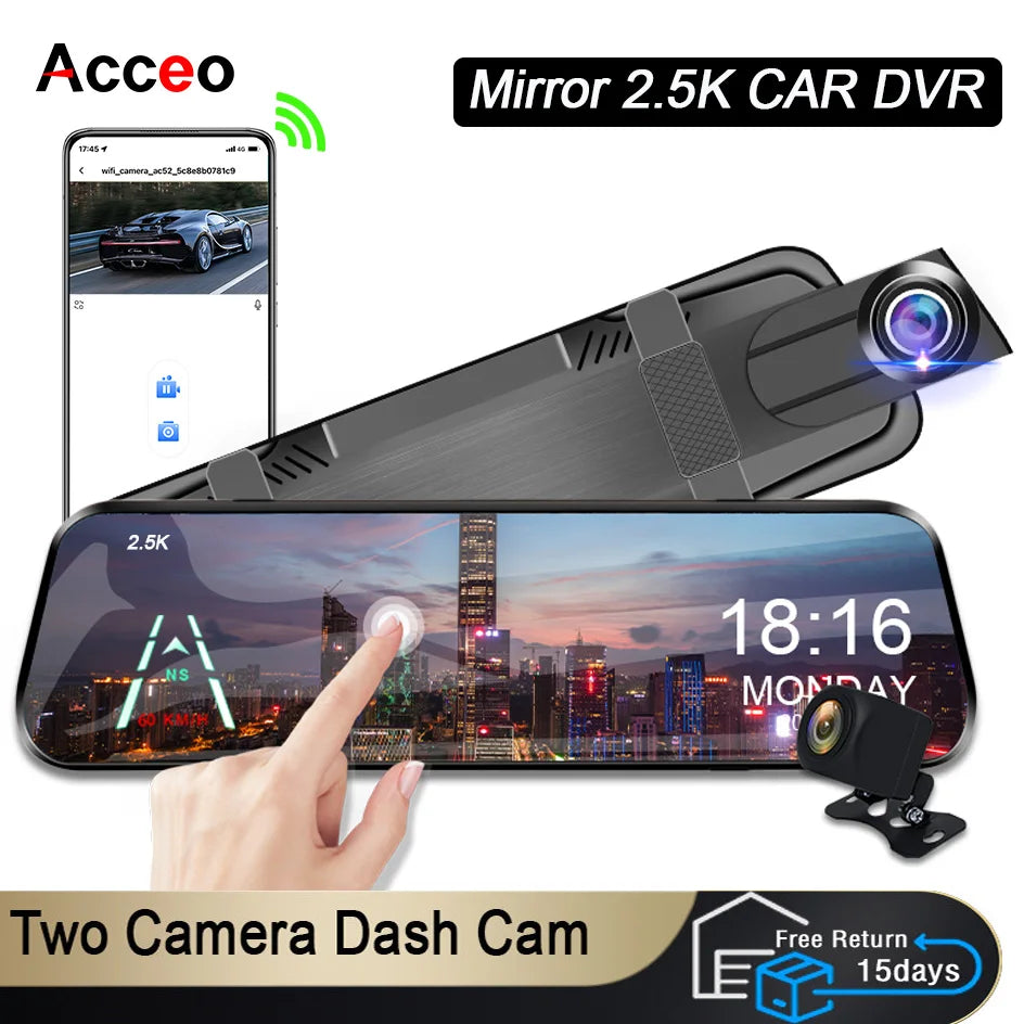 ACCEO Car Dvr 10 Inch Rear View Mirror 2.5K WIFI Dash Cam With Rear View Camera Video Recorder Registrar Dvrs Support  Bracket