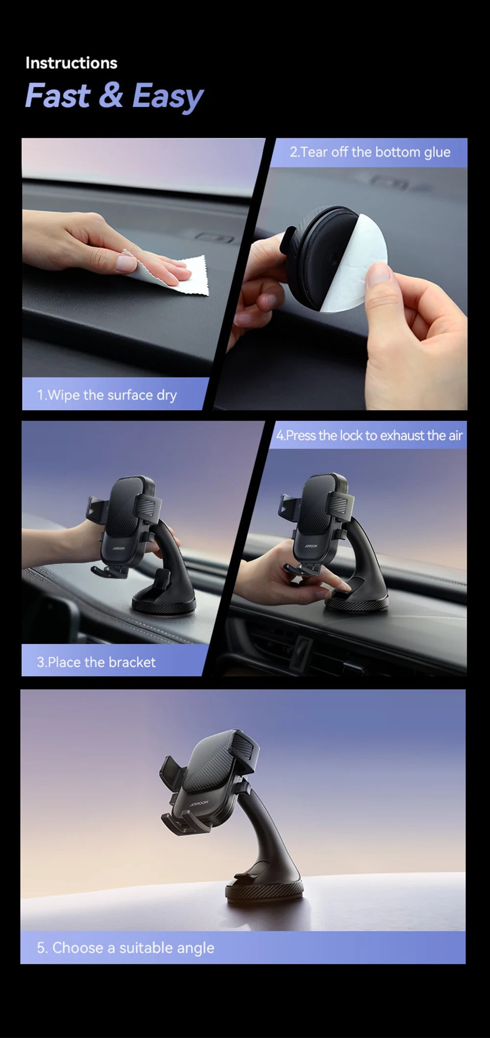 Joyroom Car Phone Holder Mount Car Strong Suction Hands-Free Universal Cell Phone Stand For Dashboard/Windshield 360° Rotation