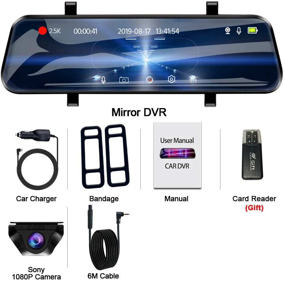 E-ACE 2.5K Mirror Camera For Car Touch Screen Video Recorder Rearview Mirror Dashcam 1440P GPS Wifi 24H Parking DVR Black Box