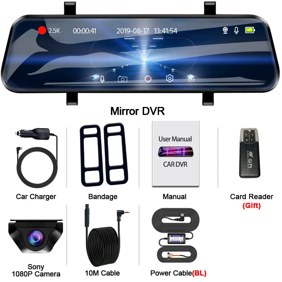 E-ACE 2.5K Mirror Camera For Car Touch Screen Video Recorder Rearview Mirror Dashcam 1440P GPS Wifi 24H Parking DVR Black Box